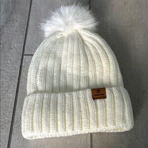 White and Cream Beanie Hat with Pom-Pom and Ribbed Knit